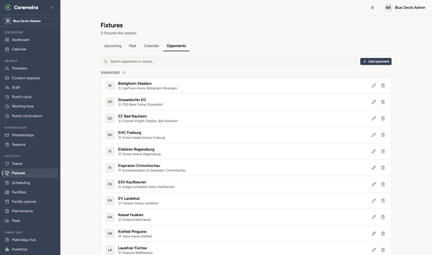 Coremetra Sport: a club's member list with sports, teams and document status
